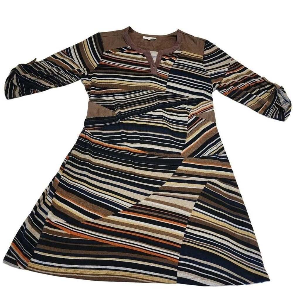 Marie Claire Striped Cozy Fall Dress Size TG/XL Multi-Color Velvet taupe collar - Picture 2 of 13